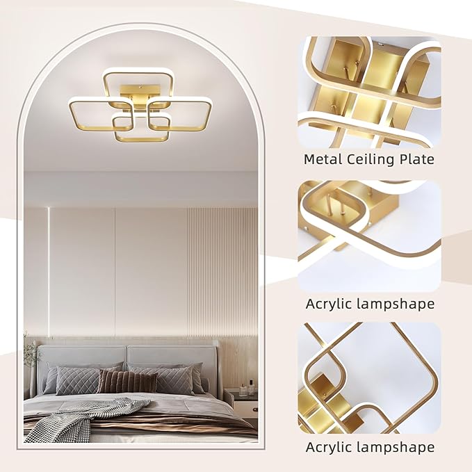 CANEOE Gold, Modern 4-Squares LED Ceiling Light Fixture, Dimmable, Remote Control, Square Flush Mount, Kitchen/Bedroom/Living Room Indoor Lighting, 23x23x5 inches, 48W, 3000K-6500K, 3840 Lumen