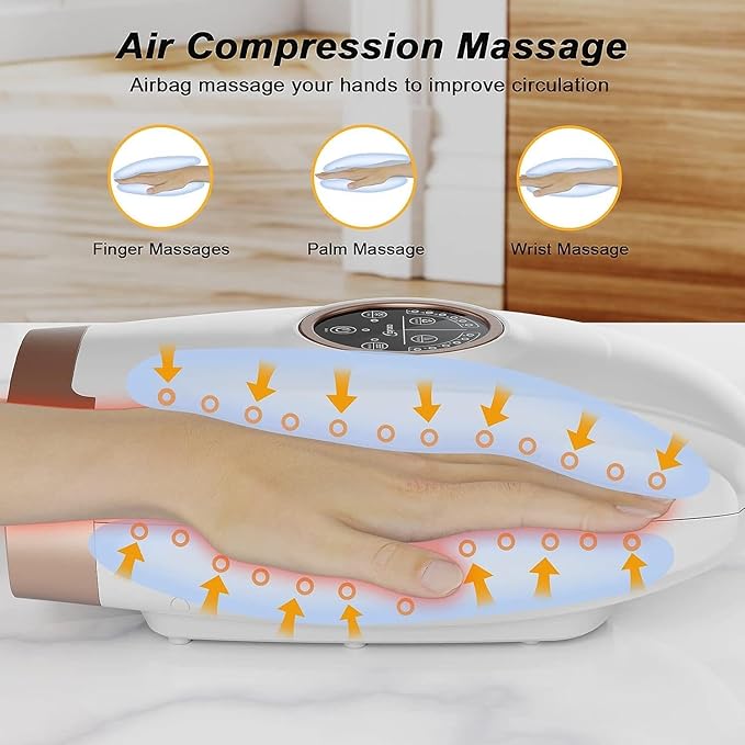 cotsoco Hand Massager with Heat and Compression, 6 Levels Hand Therapy for Arthritis and Carpal Tunnel Relief, Finger and Wrist Cordless Massager Machine for Pain Relief, Gifts for Women Men, White