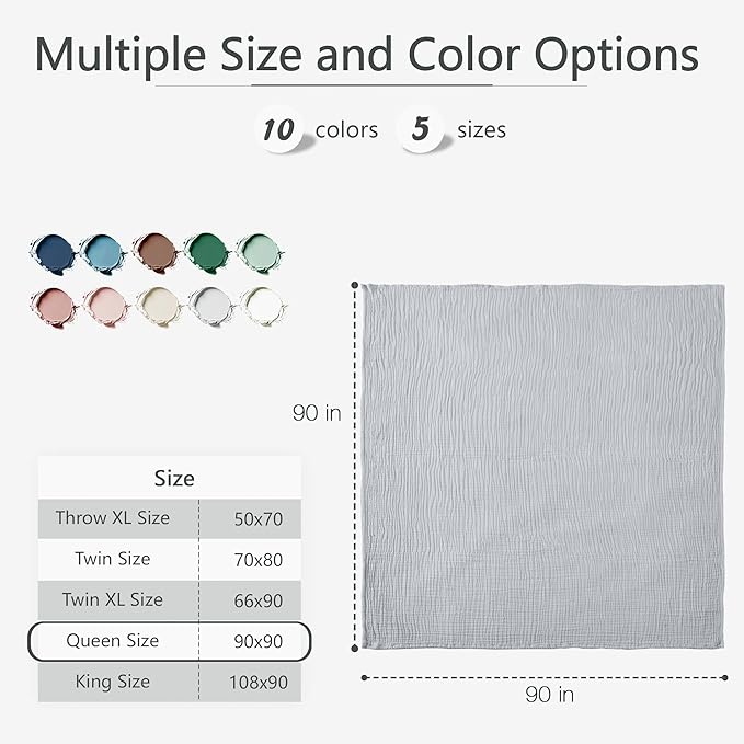 Carriediosa 100% Cotton Muslin Throw Blanket 90" X 90" Queen Size，4-Layers Summer Gauze Throws for Bed Couch，Soft Lightweight Breathable Linen Blankets Bedspread for Adults All Season，Grey