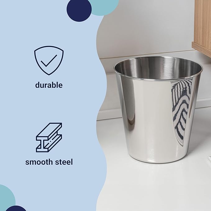 happimess HPM1113D Nolan Modern Classic Smooth Steel 2-Gallon Wastebasket for Home, Bathroom, Living Room, Office, Bedroom, Kitchen, Polished Steel