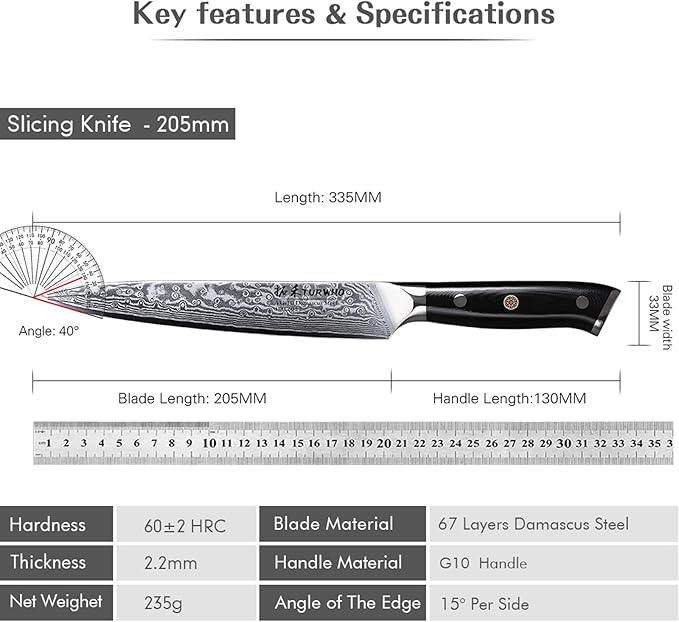 Professional Sashimi Knives 8 Inch - Slicing Knife Classic Damascus Japanese VG-10 Steel Kitchen Chef Knife