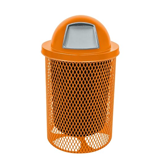 COATEDOUTDOORFURNITURE Coated Outdoor Furniture 32-Gallon Heavy-Duty Expanded Metal Round Trash Receptacle, Commercial Outdoor Waste Bin with Liner & Dome Lid – Made in America (Textured Orange)