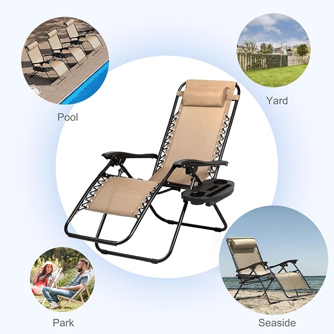 Nazhura Set of 2 Relaxing Recliners Patio Chairs Adjustable Steel Mesh Zero Gravity Lounge Chair Beach Chairs with Pillow and Cup Holder Khaki (Kahki)