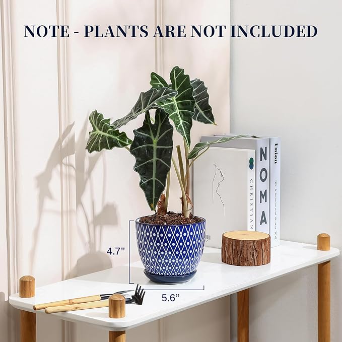 Selamica Ceramic Plant Pots, 5.6 Inch Flower Pots for Indoor Plants with Drainage Hole and Saucer,Home Decor, Set of 4, Vintage Blue