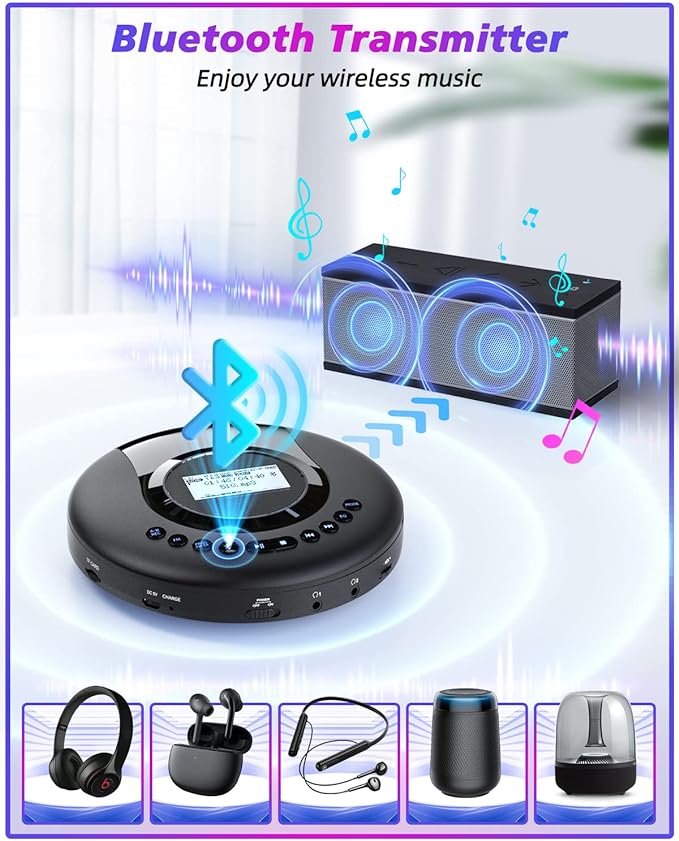ARAFUNA Portable CD Player Bluetooth with FM Radio, 2000mAh Rechargeable CD Player for Car with LCD Screen, Anti Shock Protection Compact Player with Headphone, AUX Cable
