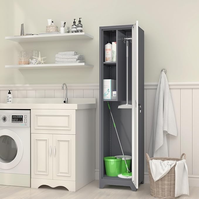 GREATMEET Slim Locking Metal Garage Storage Cabinet, Tall Steel Narrow Broom