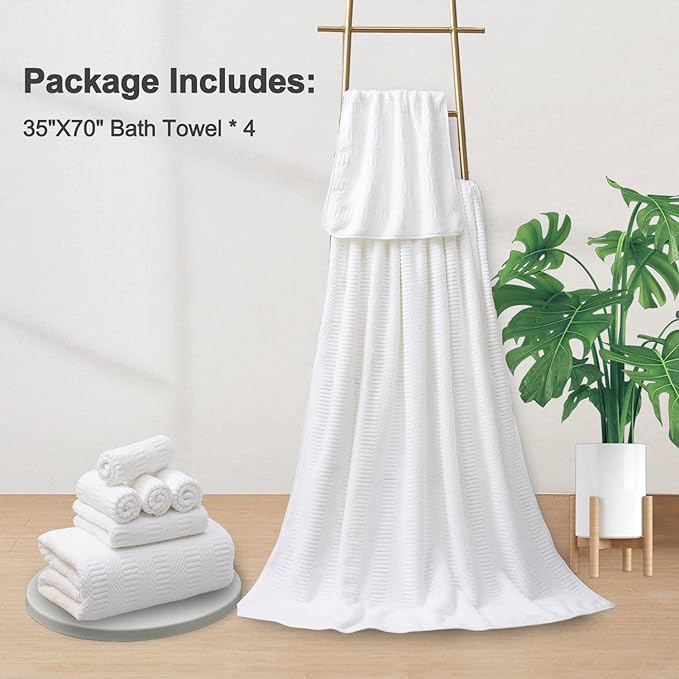 4 Piece Extra Large Bath Towels Set 35x70 Inches, White Oversized Soft Bath Sheet Towels 600 GSM Highly Absorbent Quick Dry Towels Set for Bathroom Hotel Spa