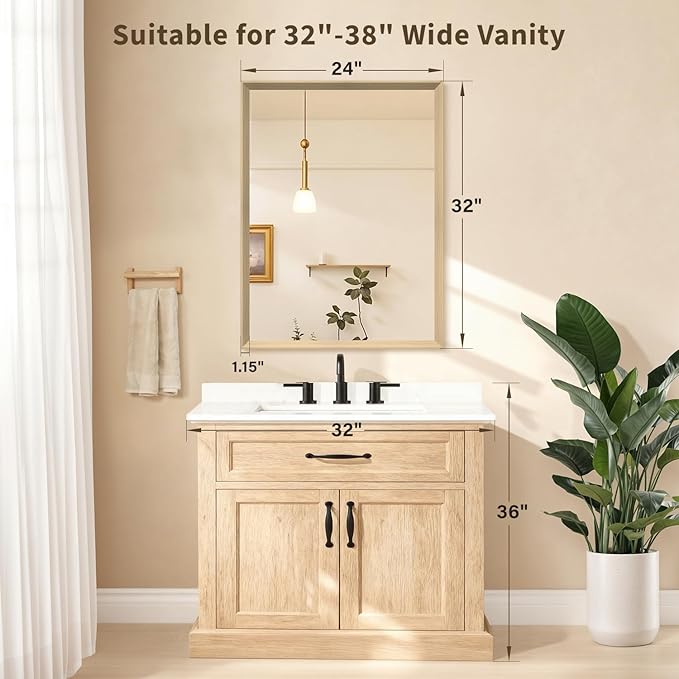 Oak Wood Effect Framed Wall Mirror, 24x32 Rectangle Mirror, 1/8"