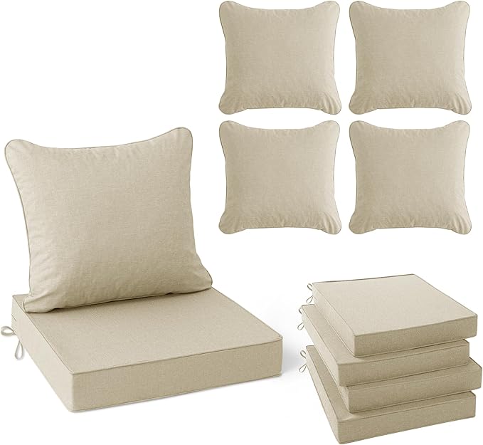 Summsun Patio Chair Cushions Set of 4, Faux Linen Outdoor Furniture Cushions, Water Resistant Backrest and Deep Seat Cushion Set with Ties, Removable Cover, Non-Slip Bottom, 24 x 24 Inch, Beige