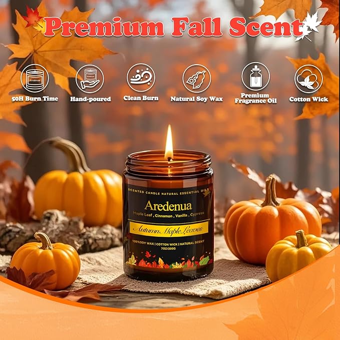Fall Candle - Autumn Maple Leaves Candle | Autumn Scented Candles for Home, 7oz Autumn Soy Candles for Home Scented, 50 Hours Burn Time, Harvest Holiday/Halloween/Thanksgiving Fall Gifts for Women Men