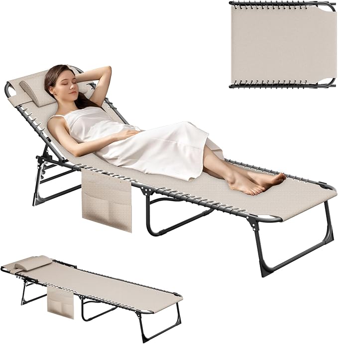EBE Folding Lounge Chair, Outdoor Adjustable Chaise Lounge Chair, Portable Tanning Chaise with Detachable Pillow and Side Pocket, Reclining Chairs for Pool Beach Patio Sunbathing, Beige