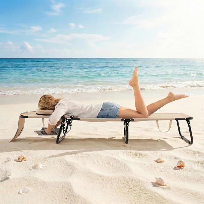 GYMAX Tanning Chair, 330lbs Beach Lounge Chair with Face Hole, Washable Pillow & Carry Strap, Adjustable Folding Chaise Lounge, Layout Lounger for Outside, Patio, Poolside, Lawn (2, Beige)