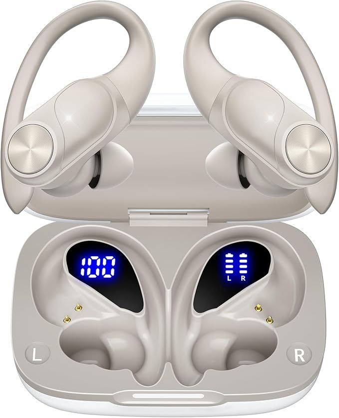 PocBuds Bluetooth Headphones Wireless Earbuds 80hrs Playtime Wireless Charging Case Digital Display Sport Ear Buds with Earhook Deep Bass IPX7 Waterproof Over-Ear Earphones for Phone Laptop Beige