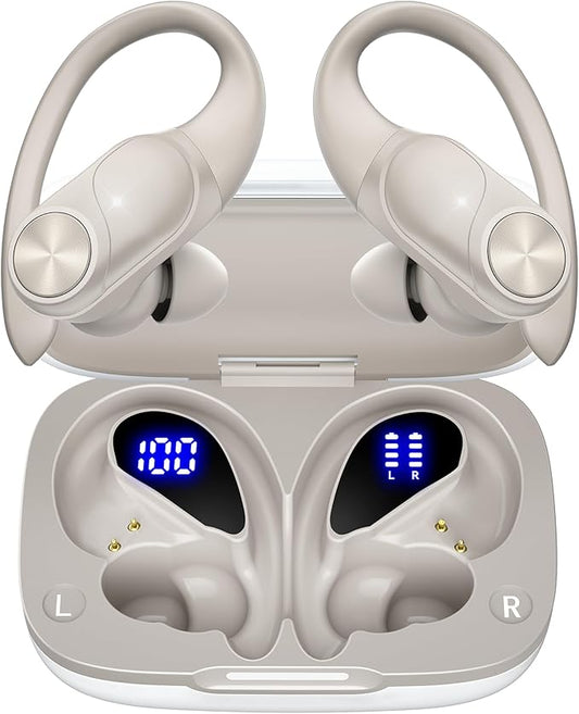 PocBuds Bluetooth Headphones Wireless Earbuds 80hrs Playtime Wireless Charging Case Digital Display Sport Ear Buds with Earhook Deep Bass IPX7 Waterproof Over-Ear Earphones for Phone Laptop Beige