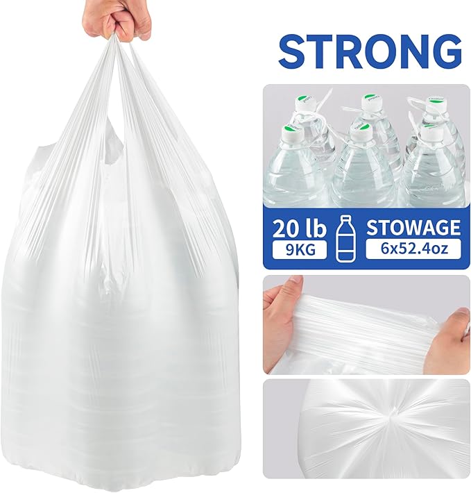 Small Trash Bags with Handles 4 Gallon 200 Count White - Ocean Plastic Upcycling - Plastic Garbage Bags, Can Bin & Waste Basket Liner for Kitchen, Bathroom, Office and Pets