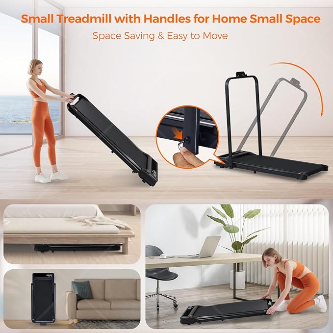 Portable Compact Treadmill with Handles for Home Small Spaces, Foldable Folding Walking Pad Treadmill with Handle Bar, 3.0HP Electric Walking Pads Treadmills Home with 320LB Capacity, LED Display