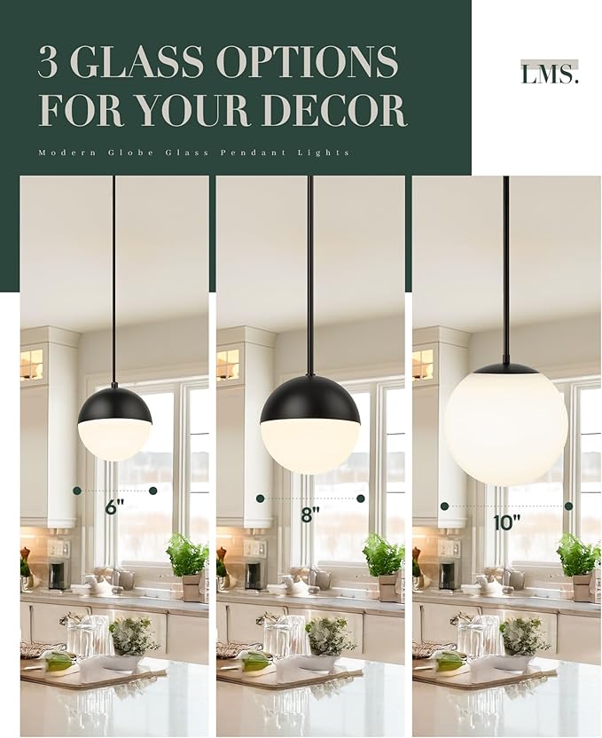 LMS 10 Inch Globe Pendant Lights, Matte Black Mid Century Kitchen Island Light Fixtures with White Globe Glass Shade, Adjustable Hanging Rod, Bar Kitchen Bedroom, LMS-186PL-BKW-10
