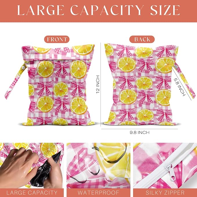 4 Pack Cute Colorful Checkered Plaid Bow Lemon Wet Bag Waterproof Washable Wet Dry Bag for Swimsuit Dirty Clothes Bathing Cloth Diaper Travel Beach Pool Yoga Gym Toiletries Travel Beach Essentials