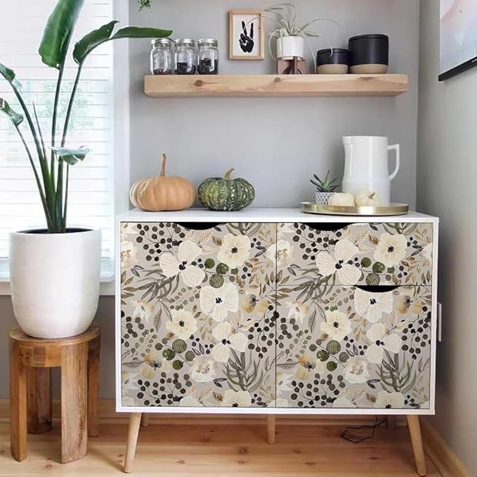 18"x236" Boho Cream/Brown Daisy Flower Peel and Stick Self Adhesive Wallpaper