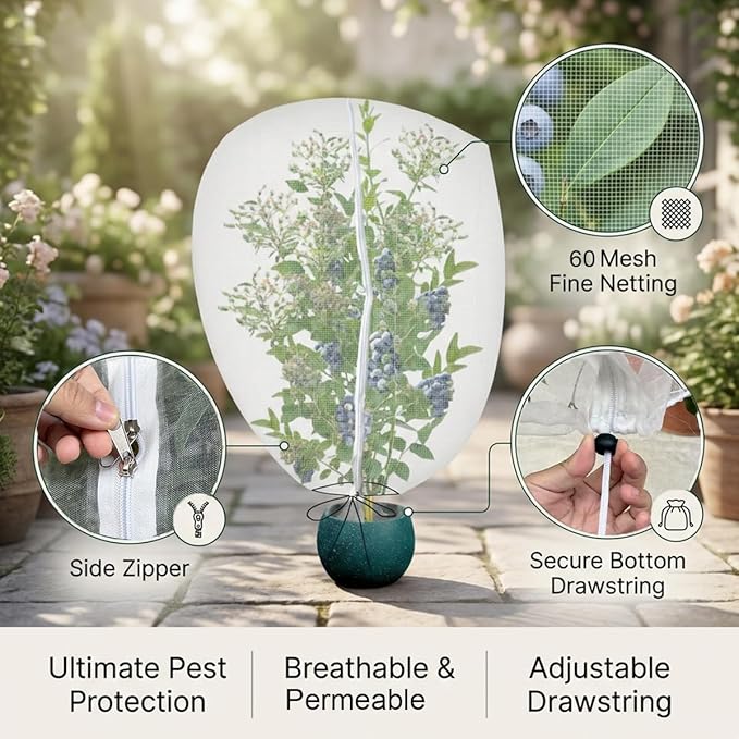 Gardtree 3PCS 2.6 × 3.2 FT Bird Insect Barrier Fruit Tree Netting, Double Zipper & Drawstring, Garden Bird Netting for Blueberries, Tomatoes, Peppers, Shrubs – Reusable Mesh Barrier