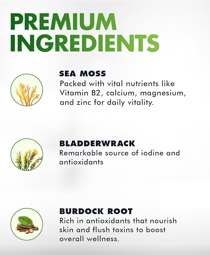 Sea Moss Gummies - Irish sea Moss raw Organic, Bladderwrack, Burdock Root. Contains Sea Moss Gel and Powder. Superfoods for Vegan, Keto and Dr Sebi Diet. Immune Boosting (1, Original)