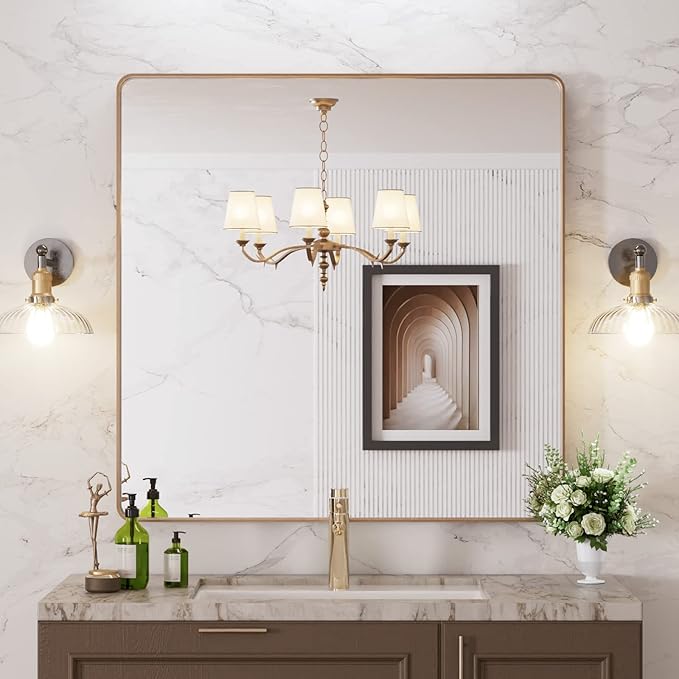 LOAAO 36”X36” Gold Bathroom Mirror, Rounded Rectangle Gold Frame Mirror, Brushed Gold Bathroom Vanity Mirror Wall-Mounted, Anti-Rust, Tempered Glass, Hangs Horizontally or Vertically