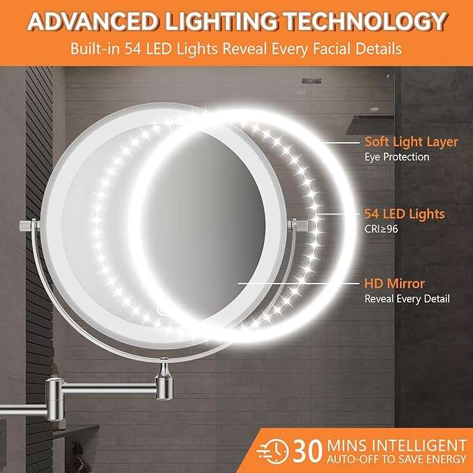 Auxmir 8'' Wall Mounted Lighted Makeup Mirror, 3200mAh Rechargeable