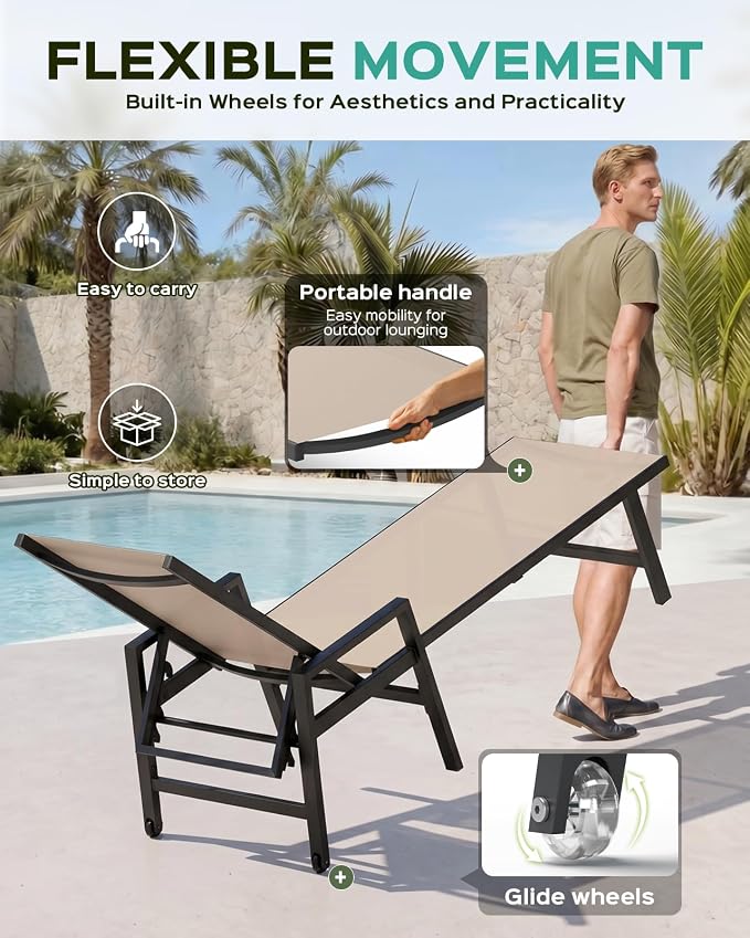 Patio Chaise Lounge Chair Outdoor with Wheels&Armrests, Aluminum Pool Lounge Chairs Five-Position Adjustable Recliner with Side Table, Outdoor Beach Lounge Chairs for Outside, Deck, Yard, Khaki