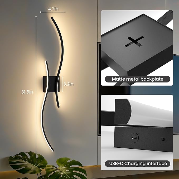 Battery Operated Wall Sconces Set of Two, 10000mAh Rechargeable Modern Wall