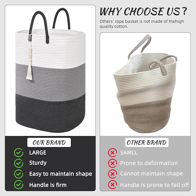 Woven Laundry Basket for Clothes,65 L Large Rectangle Laundry Hampers with Beads Tassel, Nursery Storage Basket for Toys, Tall Dirty Clothes Hamper for Bedroom Aesthetic, Laundry Room Organization