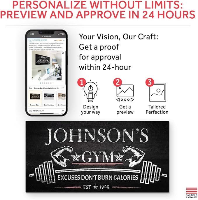 Tailored Canvases Personalized Gym Sign Wall Art Decor - Motivational Canvas for Home Gym, Workout Room, Garage, Fitness Center - Workout Inspirational Posters - Excuses Don't Burn Calories Dark, 48x24in
