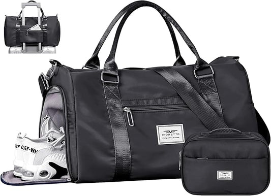 FIORETTO Womens Gym Tote Duffle Bag with Toiletry Bag, Sports Duffel Overnight Hospital Workout Carry on Bag for Girls with Wet Pocket & Shoe Compartment, Ideal for Travel, Swimming, Dance Black