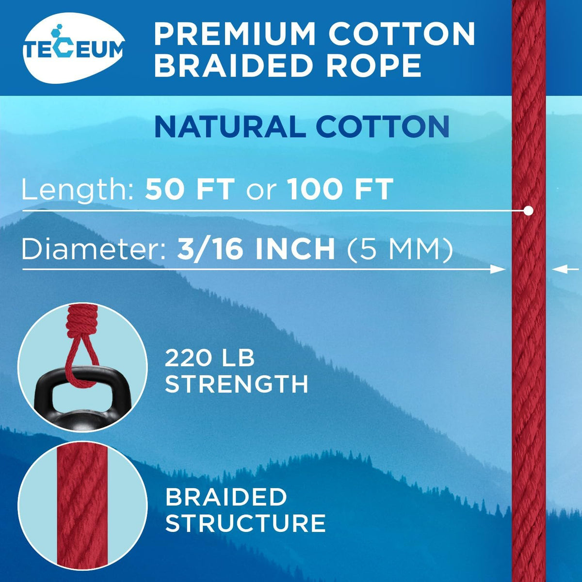 TECEUM Cotton Rope 3/16” (5 mm) – 100 FT – Strong All-Purpose Braided Rope – Natural Cotton – for Crafting, Сamping, Clothes Line, DIY, Indoor & Outdoor Use – Red
