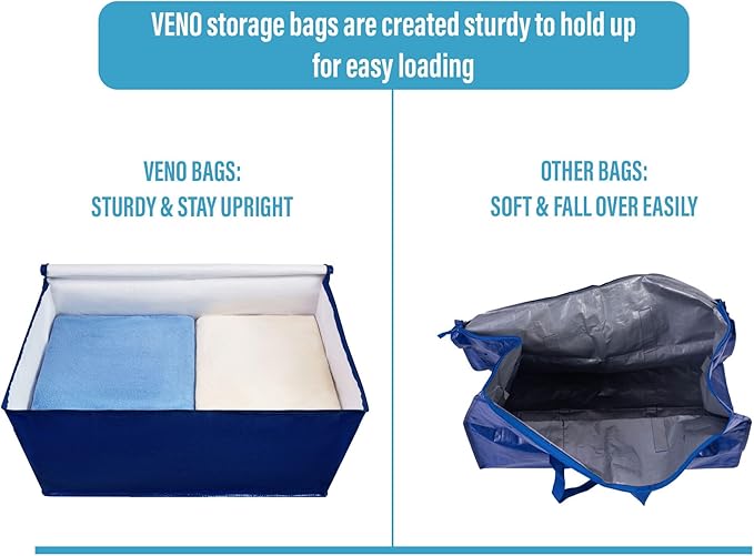 VENO 4 Pack Moving and Storage Bags, Heavy Duty, Alternative to Moving Boxes, Large Packing Totes Supplies for College Dorm Room with Zipper for Clothes, Wide Open Design (Blue, 4 Pack)