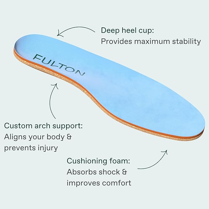 Fulton Men's Shock Absorbing Insoles with High Impact Arch Support - Custom Molding Cork Inserts Alleviate Plantar Fasciitis & Foot Fatigue- Athletic Running Insoles for Men (Men's Size 7.5-8)