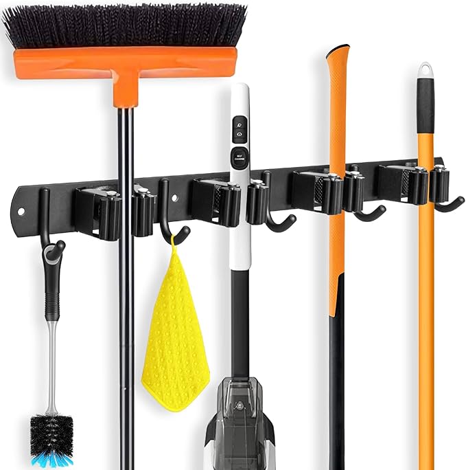IMILLET Broom and Mop Holder Wall Mounted, Stainless Steel Broom Organizer Heavy Duty Tools Organizer Self Adhesive Mop Holder for Home Laundry Room Garage Garden (4 Racks and 5 Hooks)