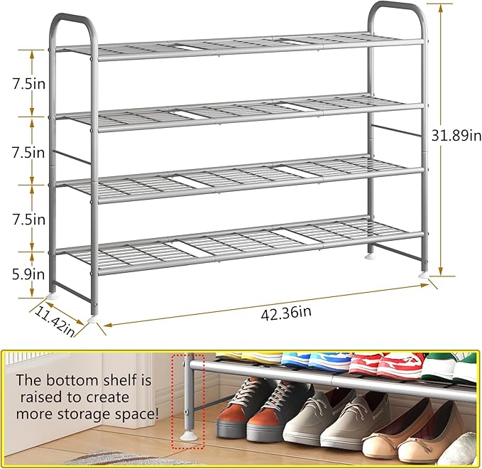 LINZINAR Shoe Rack 4 Tier Storage Organizer for Closet Entryway Metal Grey