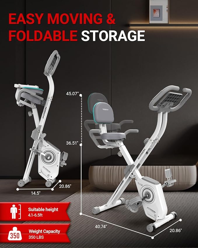 HARISON Folding Exercise Bike 350 LBS Capacity, 5 in 1 Bluetooth Stationary Bikes for Home with 16-Level Resistance and Arm Resistance Bands, Magnetic X-Bike with LCD Monitor & Back Support (HR-X3LWhite)