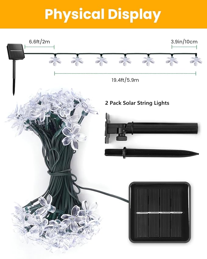 Brightown 2 Pack Total 52FT 120 LED Solar String Lights Flower Outdoor Waterproof Fairy Lights for Garden Yard Fence Patio Christmas Tree Wedding Party Decor, Pure White