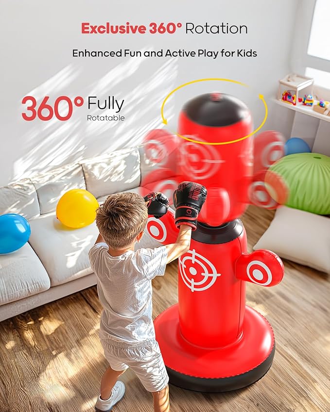 QPAU 360° Rotatable Punching Bag for Kids, Lager 64” Kids Punching Bag with Gloves, Hand Pump & 6 Targets, Bop Bag Inflatable Punching Toy, Karate Gifts for Boys, Girls