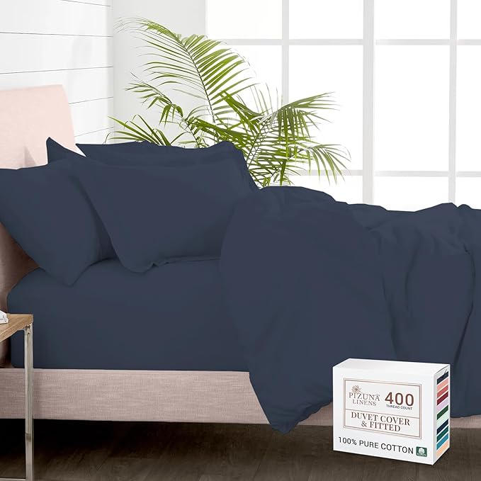 Pizuna 100% Cotton Full 3 Pc Duvet Cover + 1 Pc Fitted Sheet Set 400 Thread Count Dark Blue Sateen Weave Luxurious Long Staple Cotton 4 Piece Bedding Set -1 Duvet Cover, 2 Pillow Shams, 1 Fitted Sheet