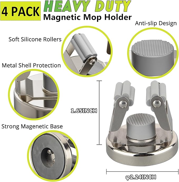 ULIBERMAGNET Magnetic Mop Broom Holder,Heavy Duty Movable Magnetic Tools Holder,Anti-slip Magnetic Mounted Utility Storage Mop Shovel Hanger for Garage, Kitchen, Laundry, Garden(4 Pack/Silver)