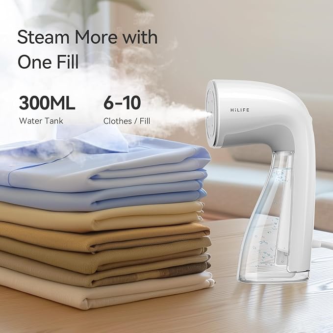 HiLIFE Steamer for Clothes, Handheld Clothes Steamer with Large 300ml Tank, 1100W Strong Power, 30S Fast Heat-up, Garment Fabric Wrinkle Remover, Portable & Compact Travel Size ONLY FOR 120V (White)