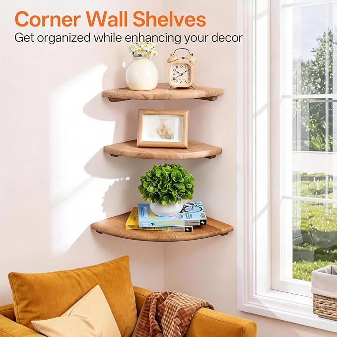 Gieanoo Corner Floating Shelf 10inch Solid Oak Wood Floating Corner Shelf