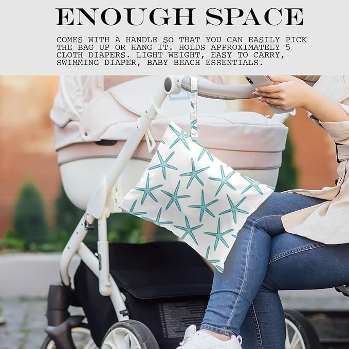 Wet Dry Bag for Swimsuit, Travel, Beach, Pool, Diapers, Dirty Yoga Gym Clothes, Makeup, Waterproof Reusable Beach Bag with Ocean Decor Starfish Sea Horse Anchor