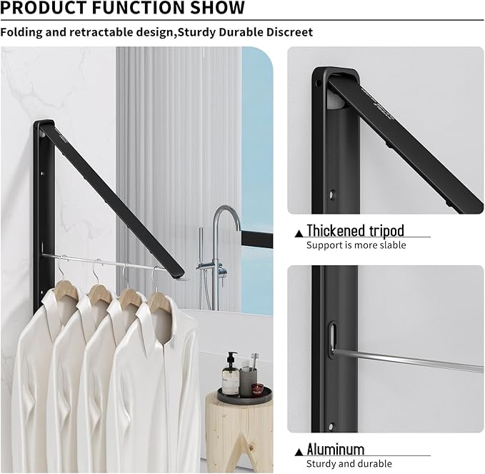 Clothes Drying Rack for Laundry Drying Rack Wall Mounted Clothes Hanger Rack Retractable Laundry Hanger Dryer Rack Space Saving Closet Organizer Aluminium (Black)