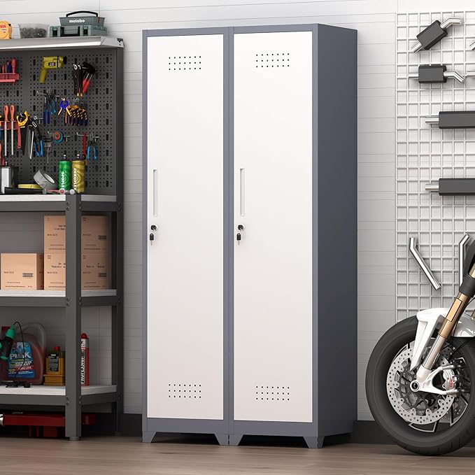 GREATMEET Slim Locking Metal Garage Storage Cabinet, Tall Steel Narrow Broom