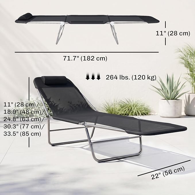Outsunny Folding Chaise Lounge Outdoor Sun Tanning Chair w/Pillow, Black | Sun Tanning Chair for Outside, Breathable Mesh Seat, Headrest, Pool, Beach, Yard, Patio