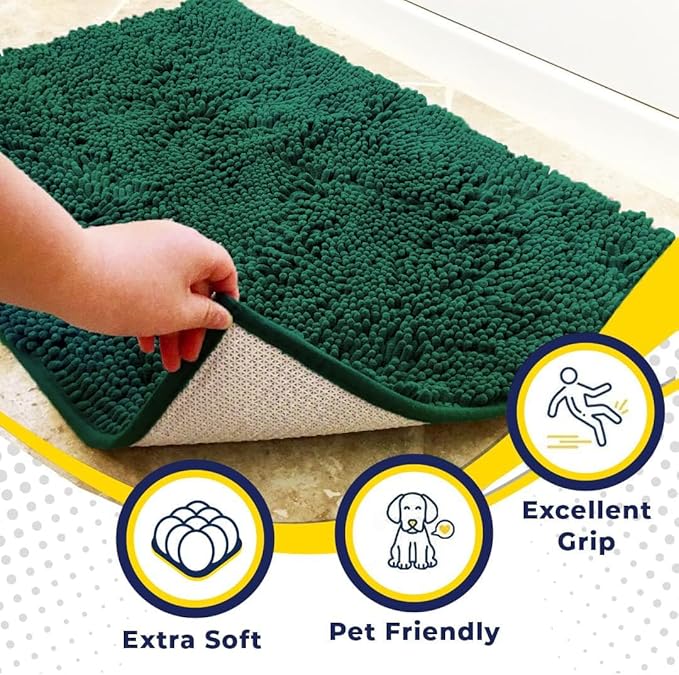 Muddy Mat® | Super Water Absorbent Door Mat Indoor, Microfiber Quick Dry Chenille Entryway Rug, Slip Resistant Front Door Mat, Indoor Mats for Entryway, Machine Washable Pet Rug, Dark Green 32" x 44"