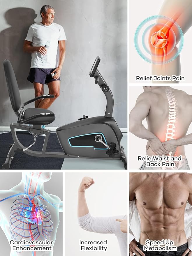 Exercise Bike Recumbent Exercise Bike for Home Stationary Bike Sturdy Quiet 8 Levels Large Comfortable Seat Heart Rate Handle & Device Holder 300 LB Weight Capacity